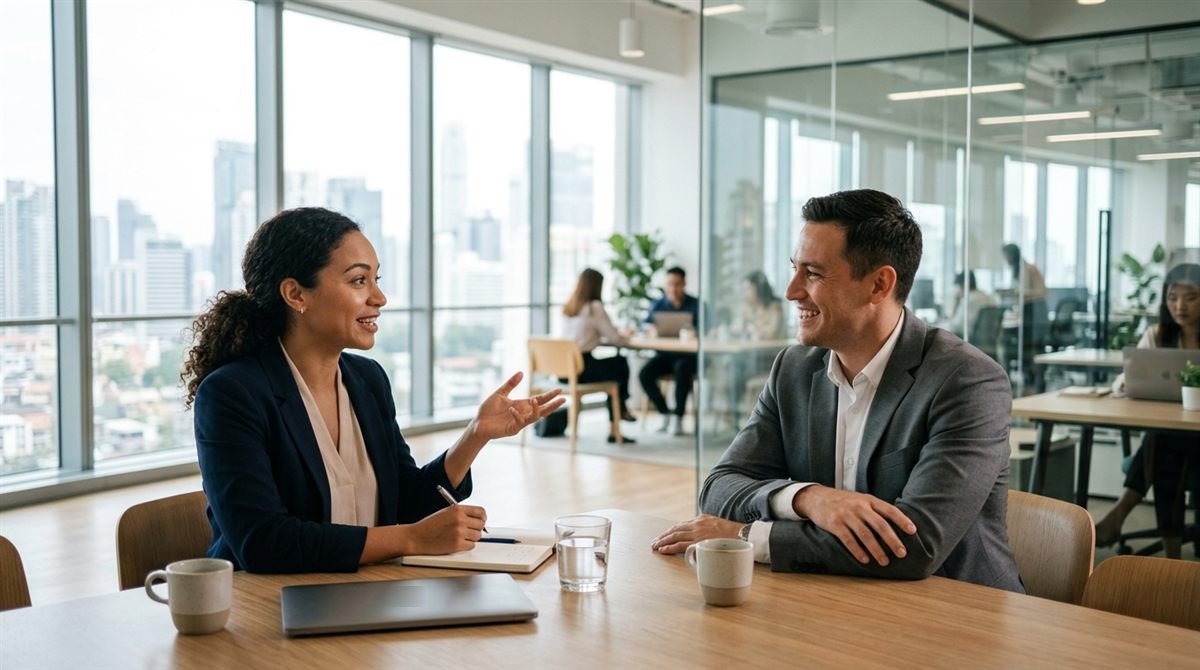 A consultant and a client talking across a table in a bright office
