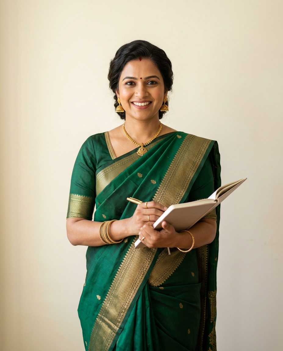 The founder, an event planner in a green saree, holding her planning notebook