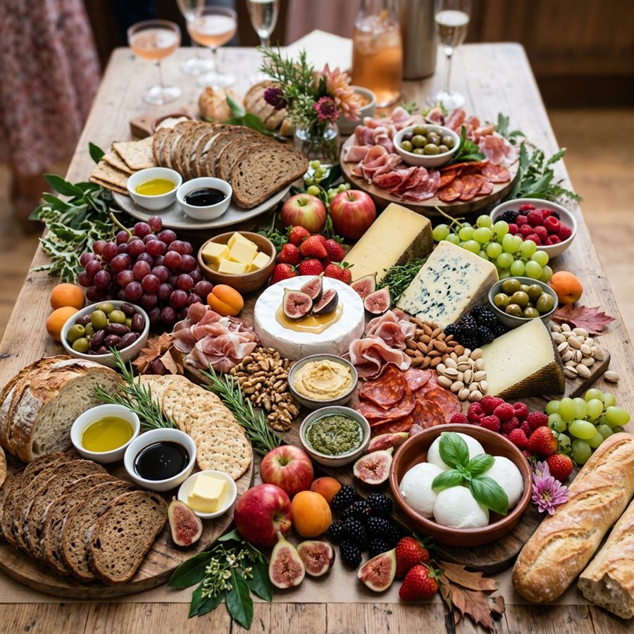 A grazing table with cheeses, fruit and bread
