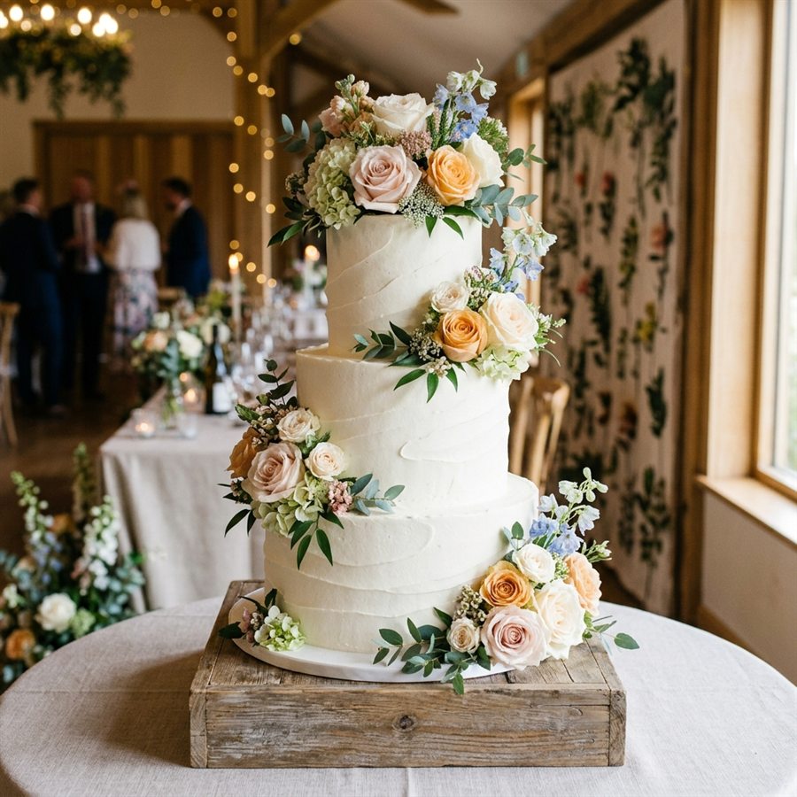 A tiered celebration cake decorated with fresh flowers