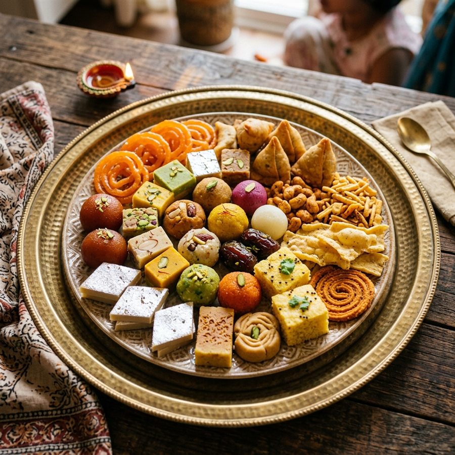 A brass platter of colourful Indian sweets and snacks
