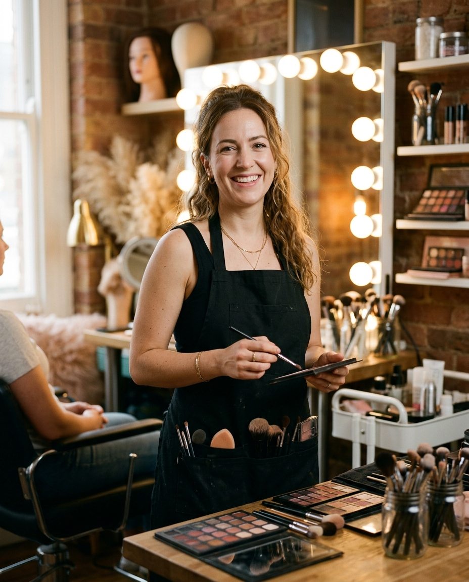 A smiling makeup artist in a black apron in her small studio