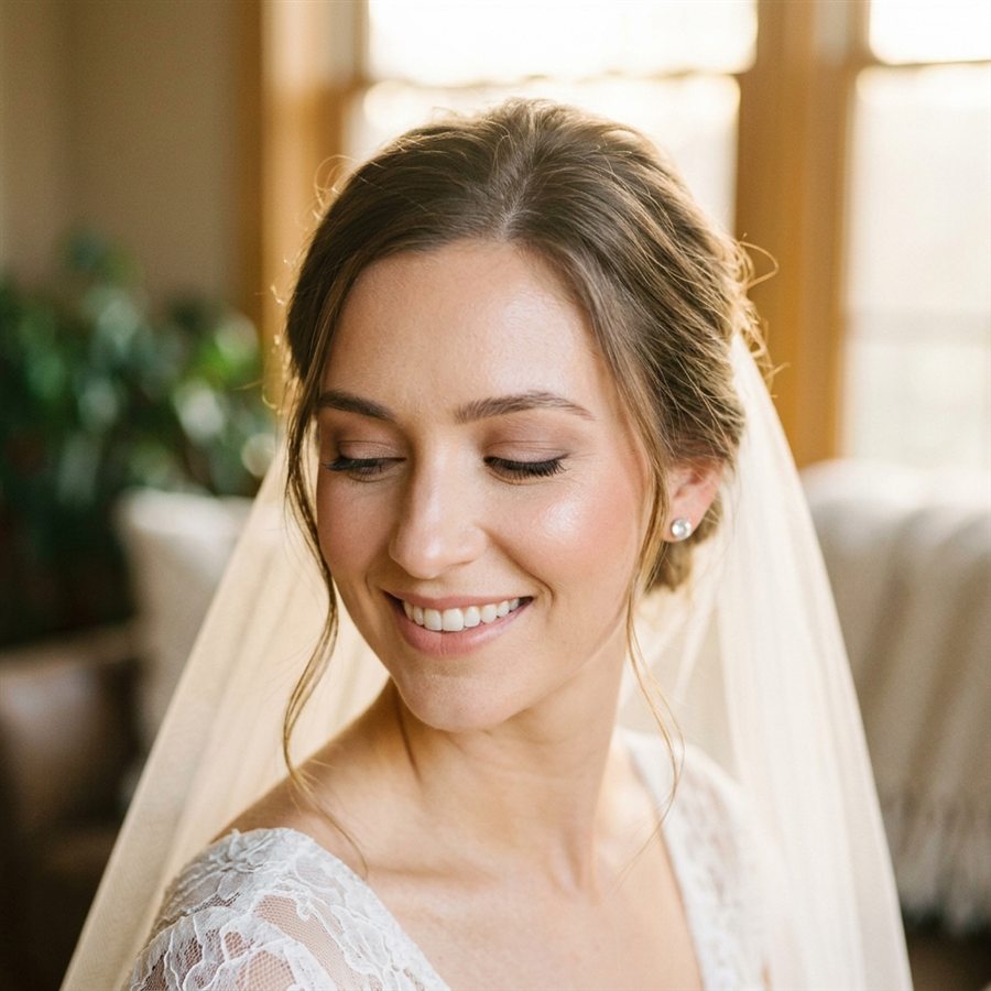 Close up of a bride with soft natural makeup and a simple veil