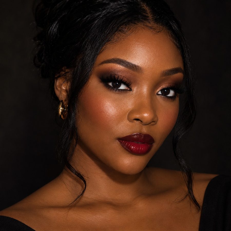 A woman with bold evening makeup, deep red lips and defined eyes