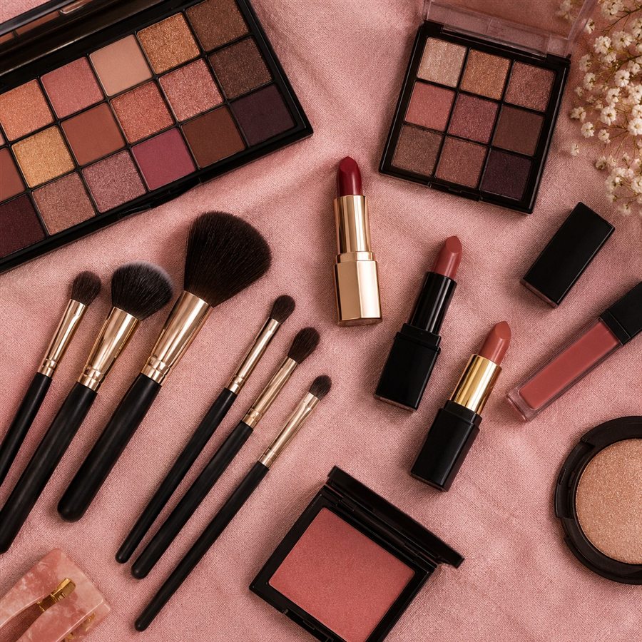 Makeup brushes, eyeshadow palettes and lipsticks on pink linen