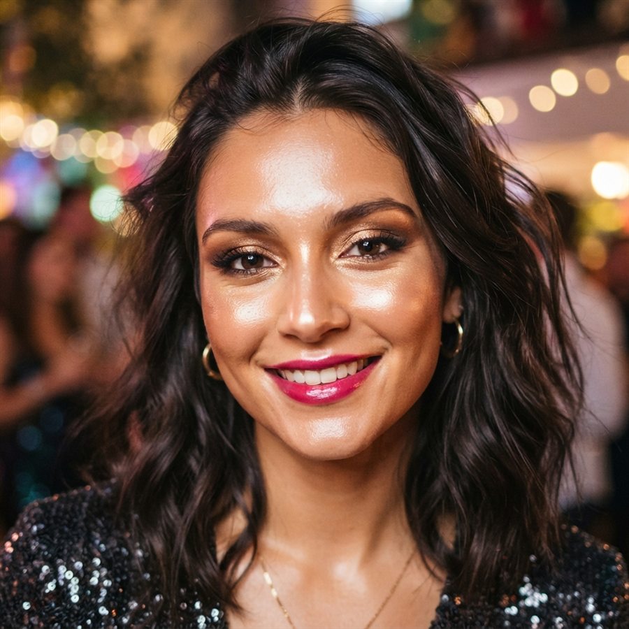A young woman with bright party makeup and gold eyeshadow