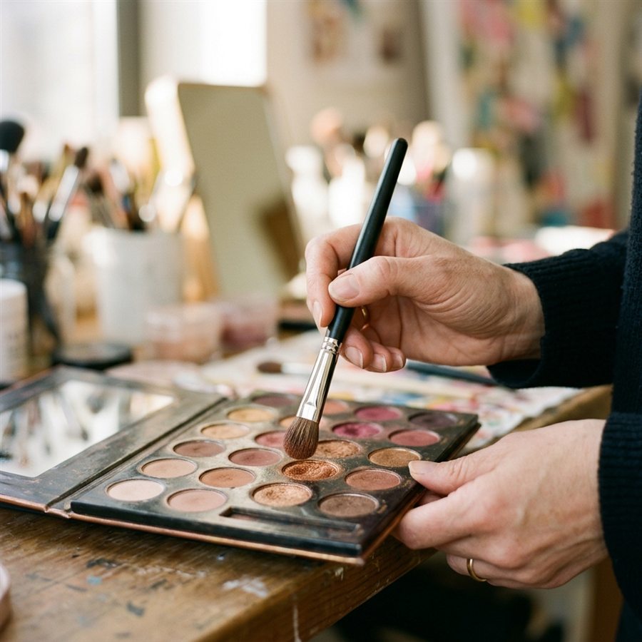 An artist's hands holding a makeup brush over an eyeshadow palette