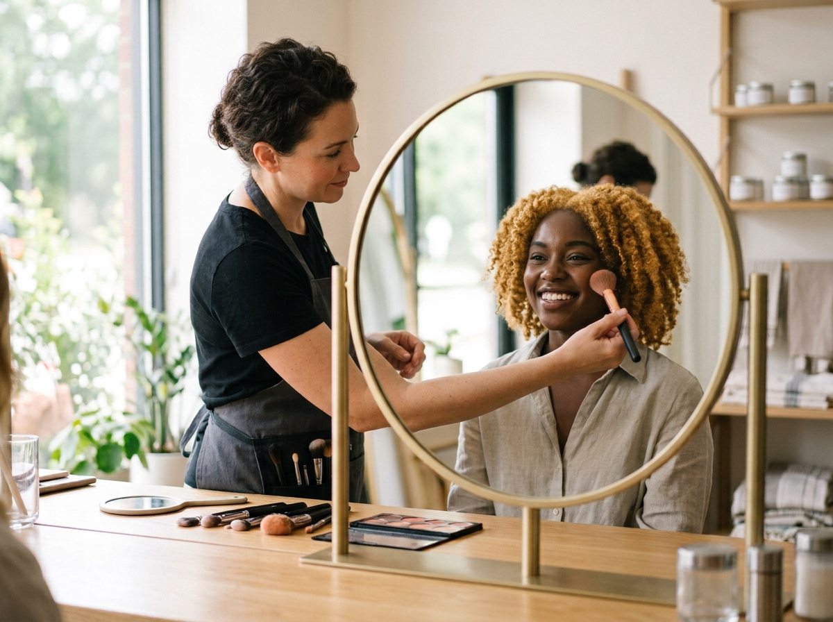A makeup artist applying blush to a smiling client in front of a round mirror