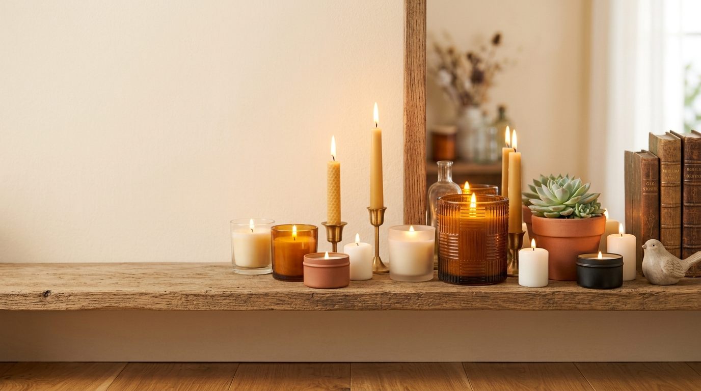 A wooden shelf with lit candles in soft evening light