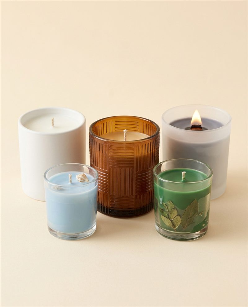 A group of five different jar candles on a cream table
