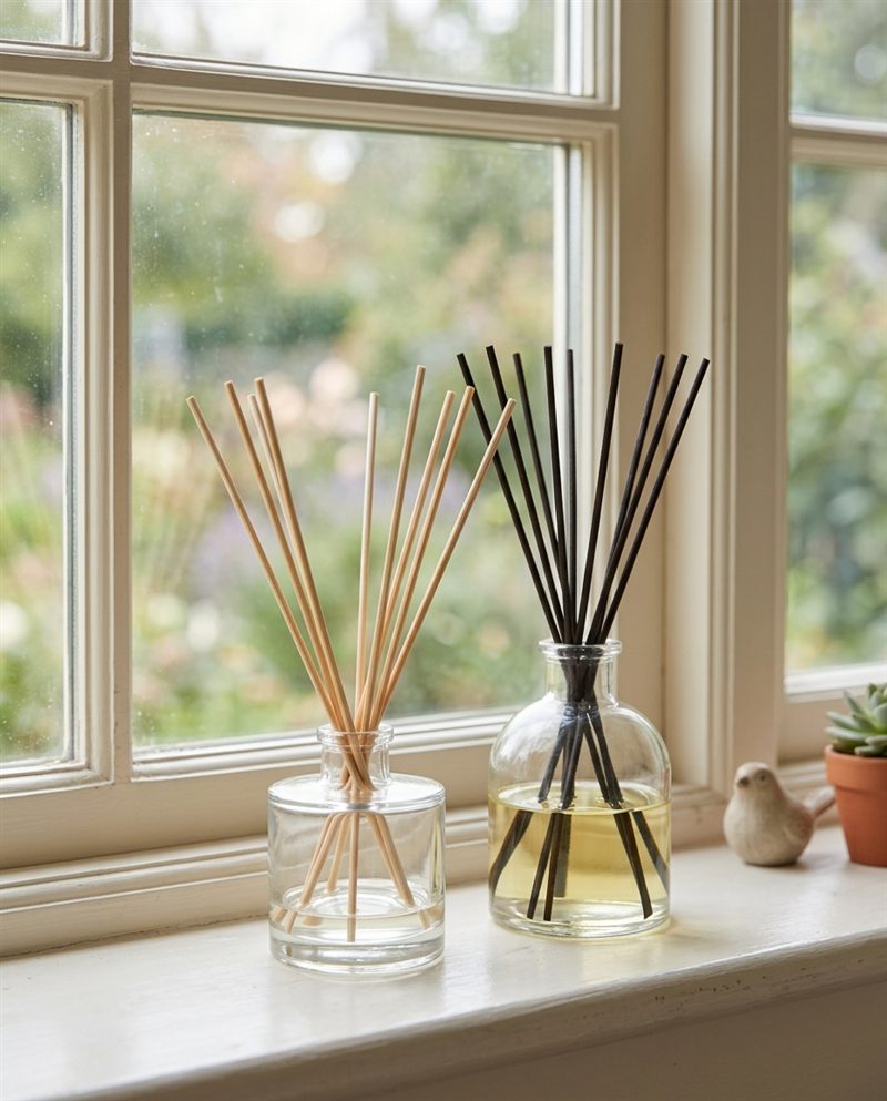 Two reed diffusers in clear glass bottles on a windowsill