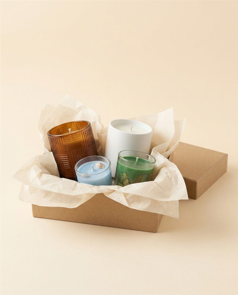 An open gift box with candles and tissue paper