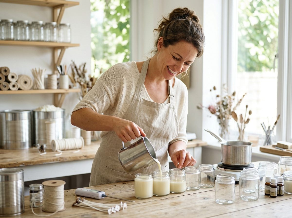 A woman pouring wax into glass jars at a worktable in a bright workshop