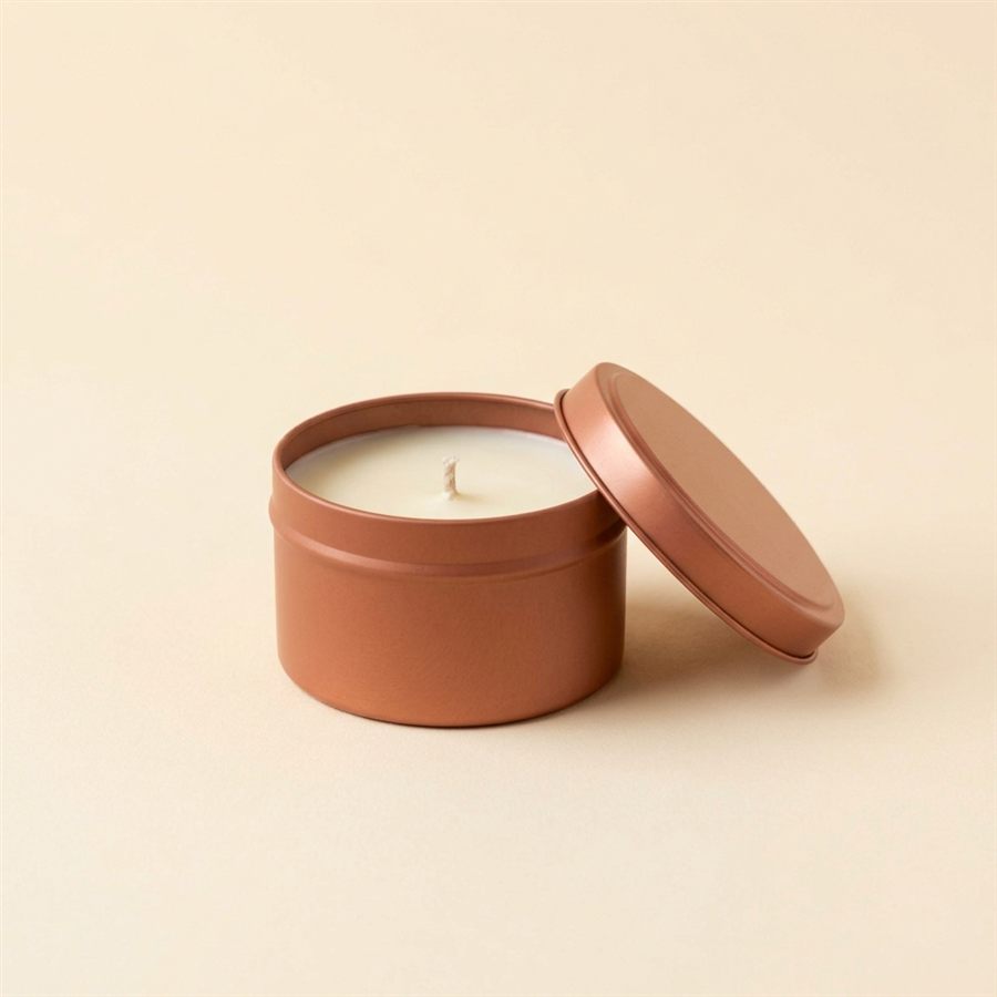 A small terracotta coloured travel tin candle with its lid open