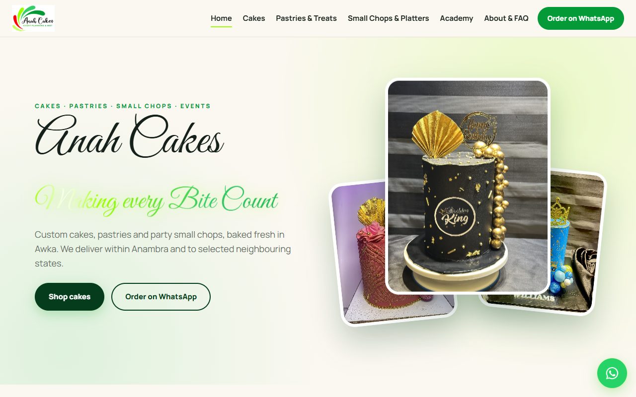 The Anah Cakes website on a computer