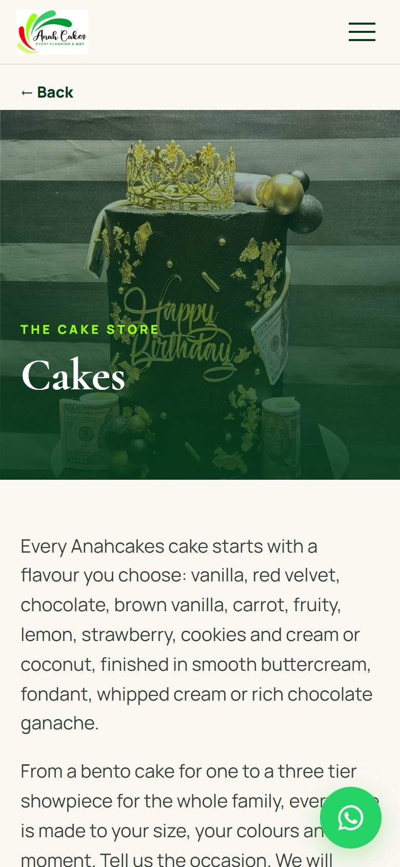 The Anah Cakes website on a phone